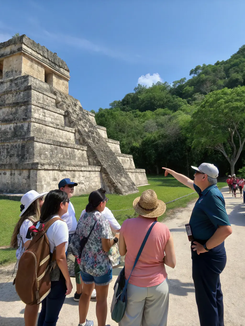 A vibrant image showcasing a diverse group of travelers enjoying a guided tour of a historical landmark, with a knowledgeable guide explaining the significance of the site.