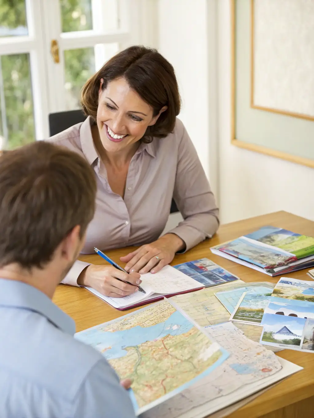 A high-quality photo of a travel agent providing personalized consultation to a client, discussing travel options and destinations, in a modern and welcoming office setting.